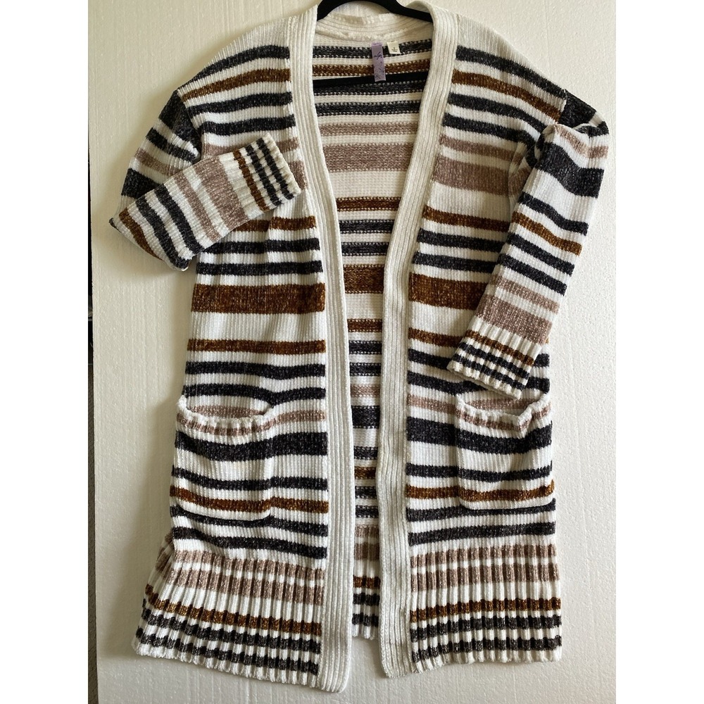 Alya Women's S Brown Cream Black Striped Long Cardigan Sweater with Open Front